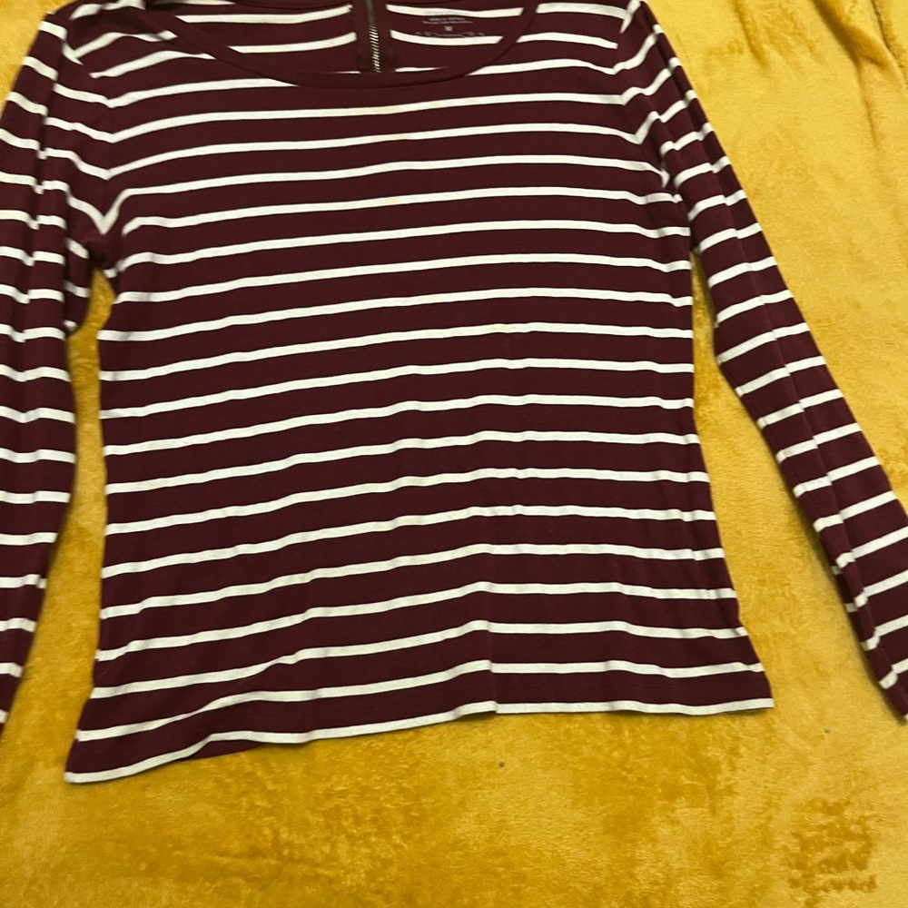 dressbarn Burgundy & White Striped Long Sleeve Crewneck